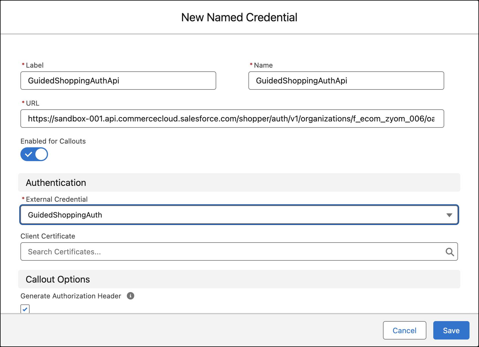 The New Named Credential window with values in Label, Name, and URL shown; Enabled for Callouts is checked; and External Credential is filled in.