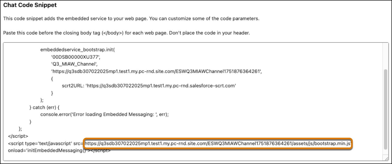 Copy and save the chat code snippet domain name URL and site path.