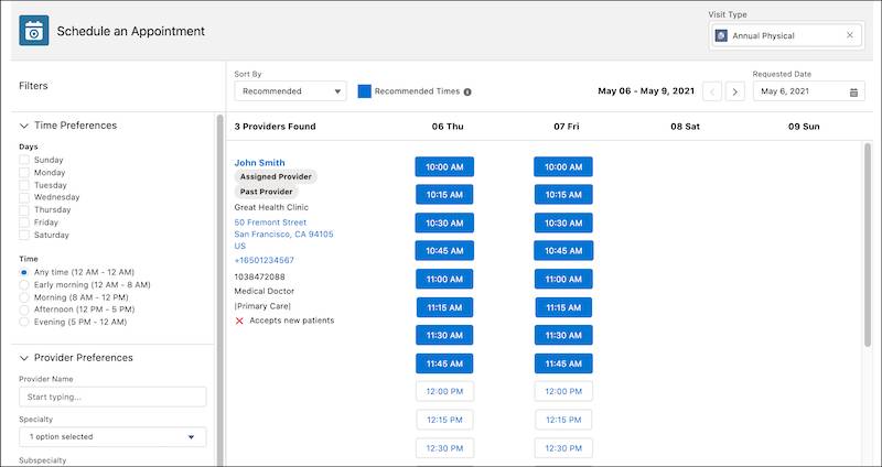 The Intelligent Appointment Management console with choices of appointment times.