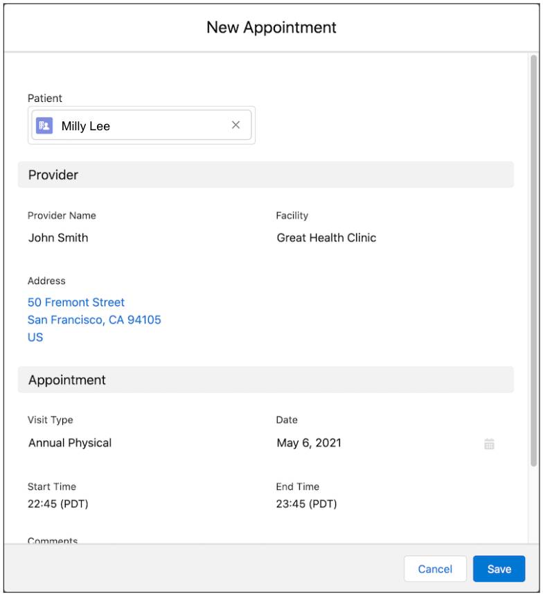 New Appointment window with appointment details of the patient.