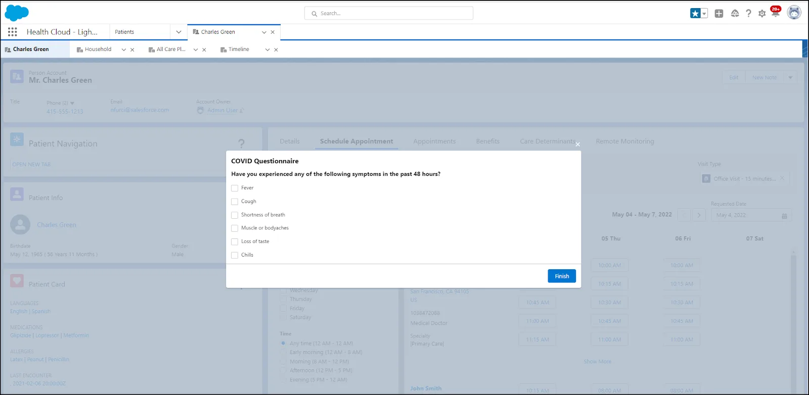 Sample prerequisite questionnaire when a visit type is selected. 