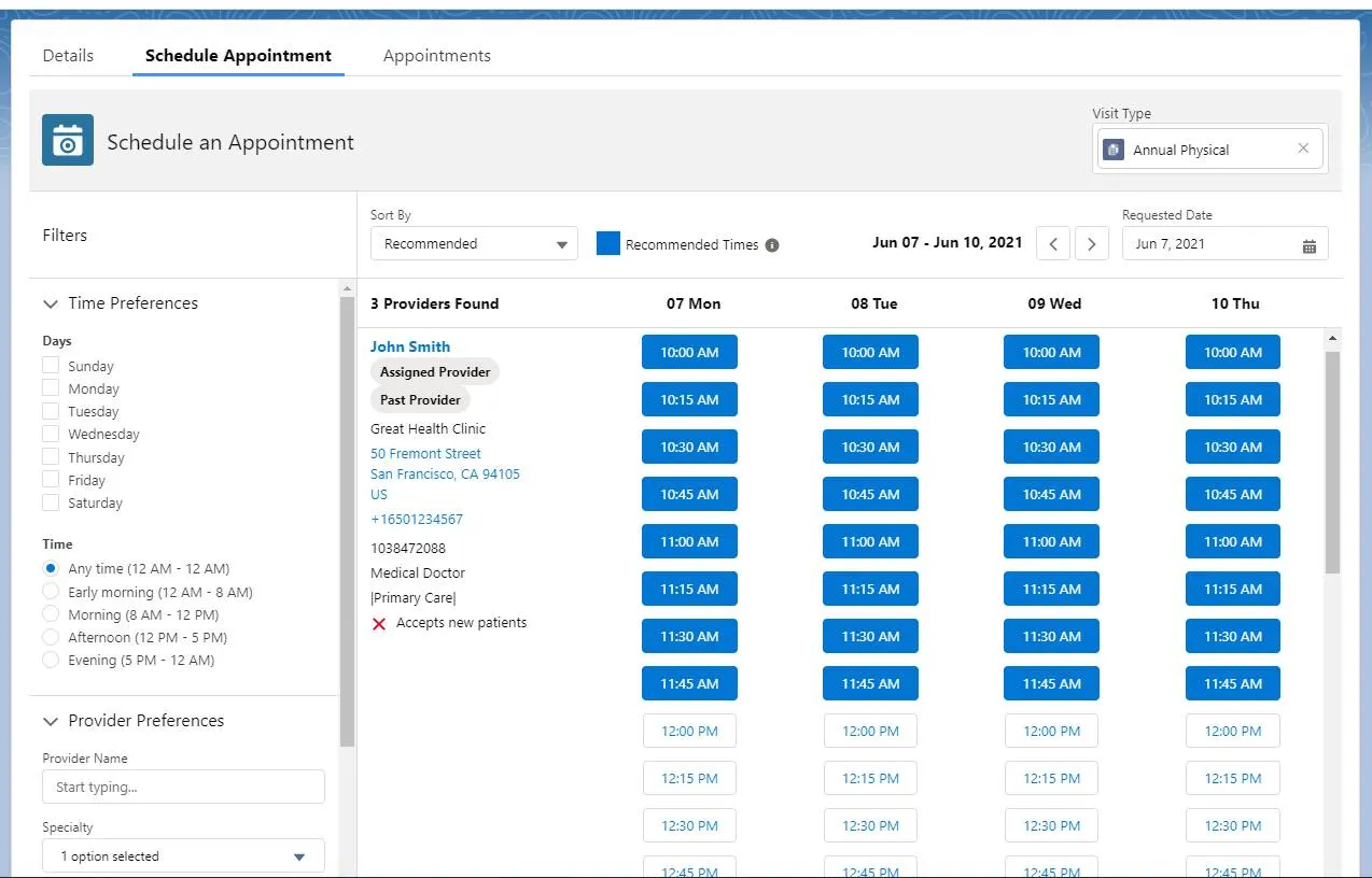 Provider details with suggested date and time slots for a patient on the Schedule Appointment tab.