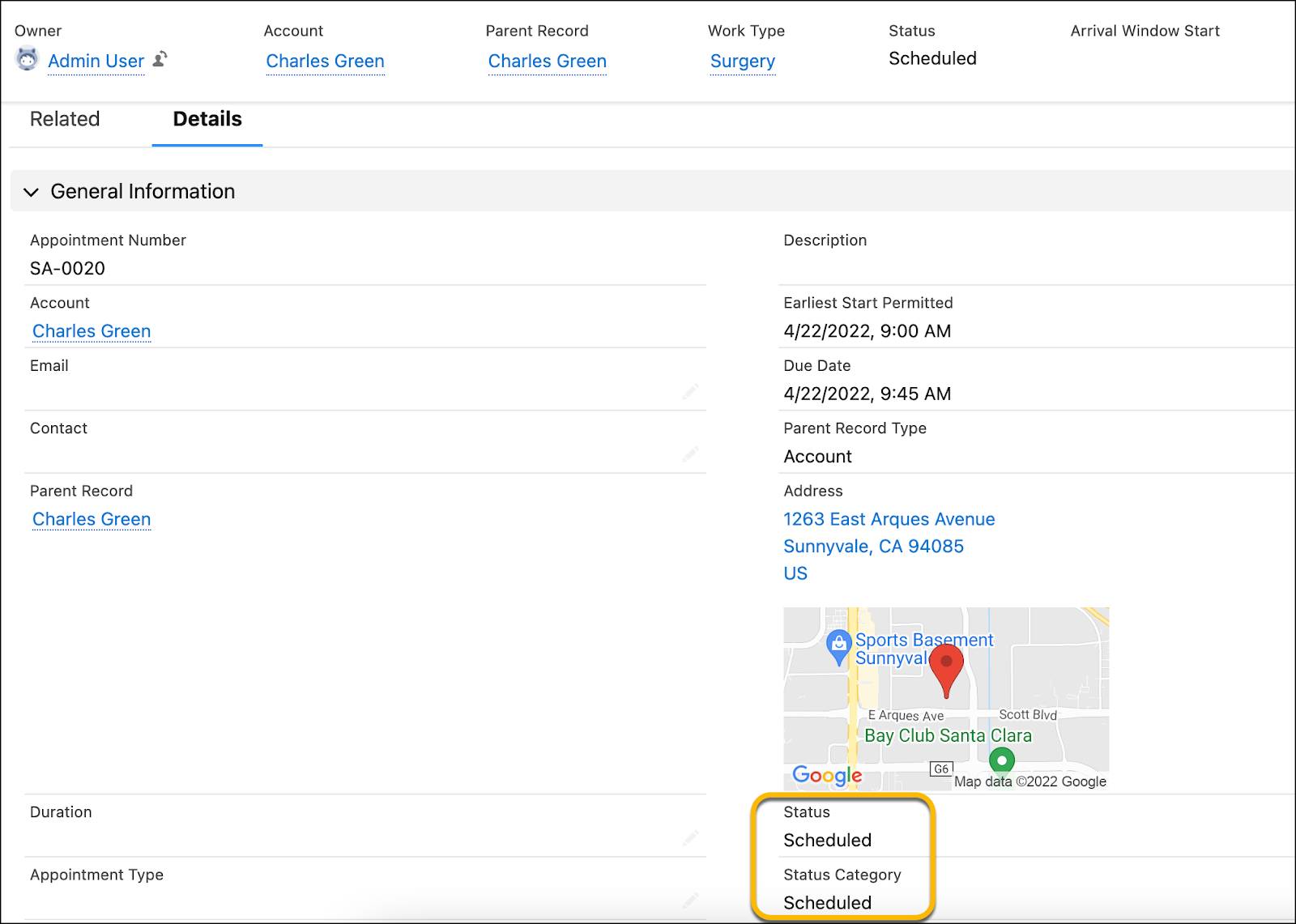 An appointment with status and status category updates.