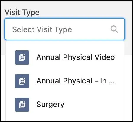 Visit type options are available for selection on the IAM tab.