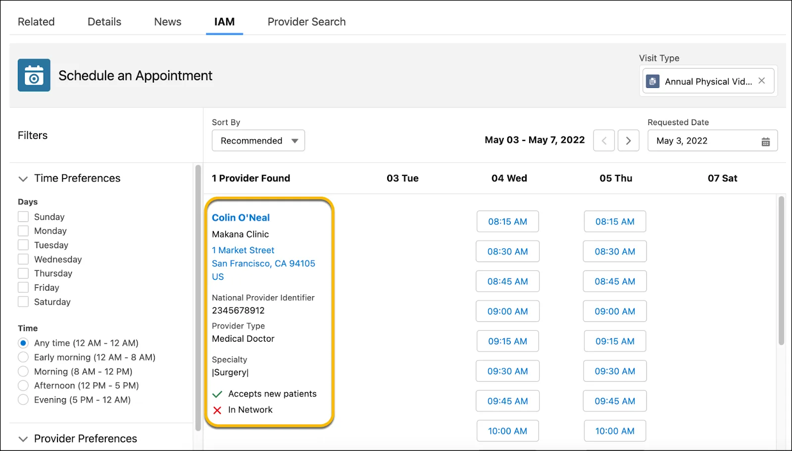 Provider information is displayed on the IAM tab when the user chooses a visit type.