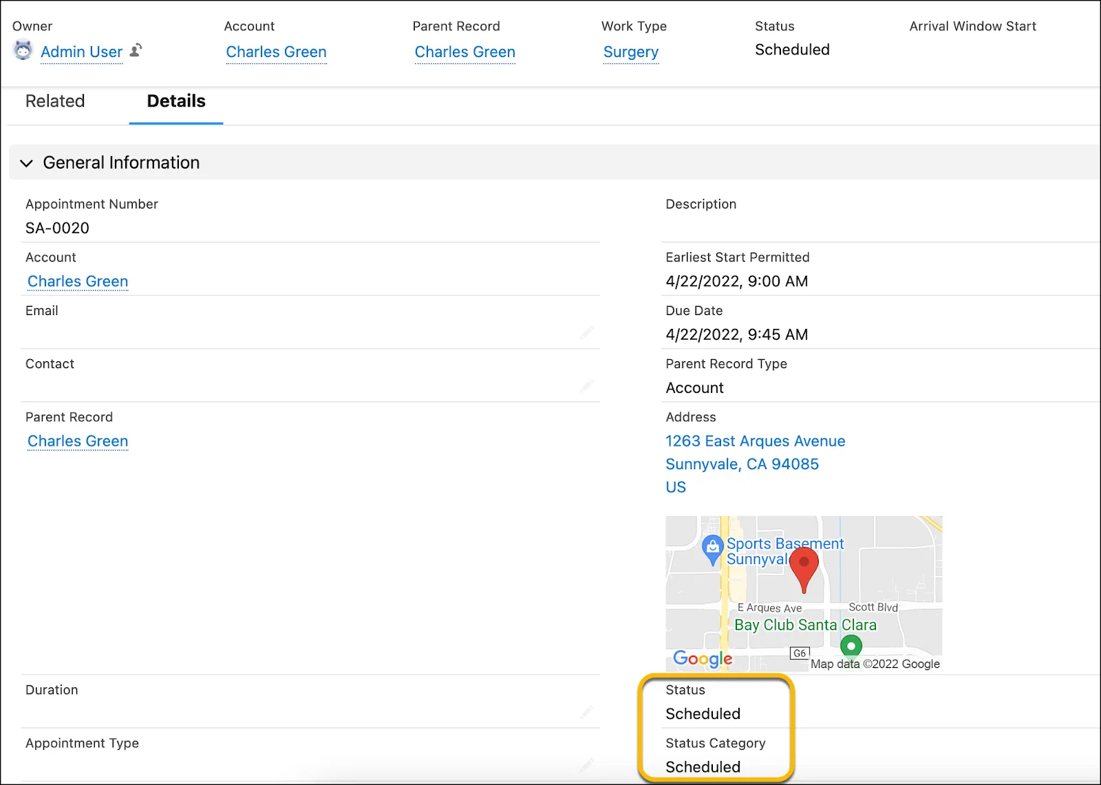 An appointment with status and status category updates.