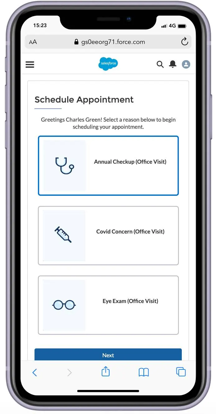 Intelligent Appointment Management’s Self-scheduling screen on a mobile device.