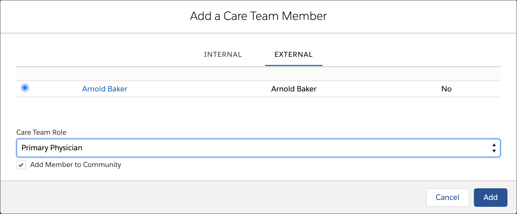 In the Add a Care Team Member screen, Arnold Baker is added to Elena’s community as an external member with the Primary Physician role.