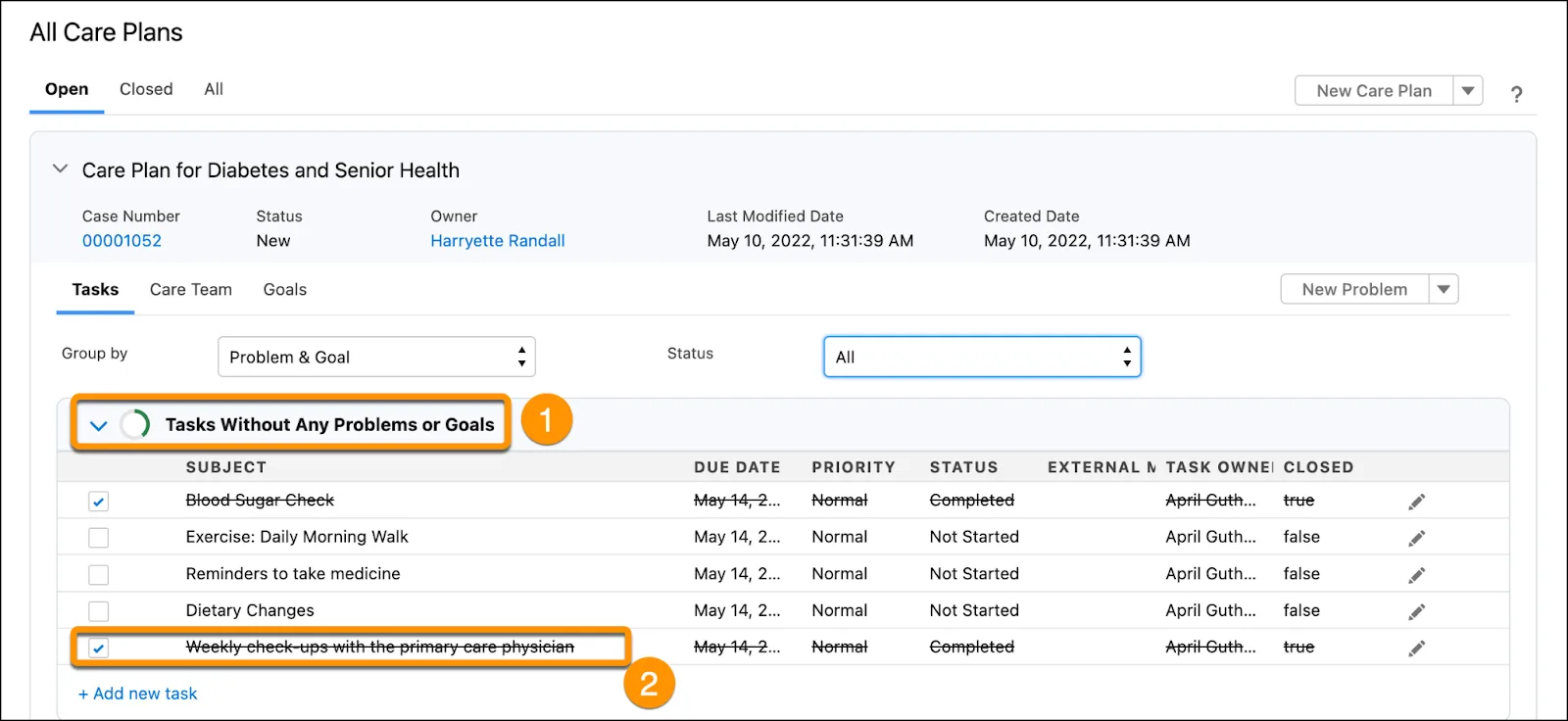 Progress rings indicate the level of completion of the open tasks. If you choose to view the statuses of all tasks, completed tasks appear with a strike-through.