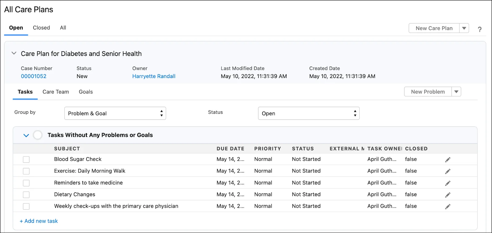 Care plan tasks in the All Care Plans tab.