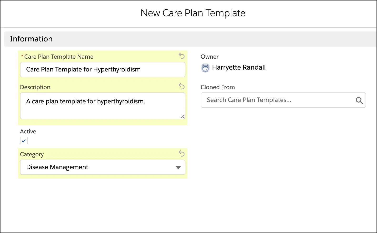 Image of a new care plan template being created.