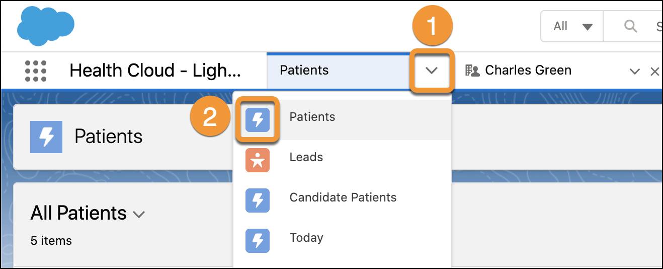 Screenshot of the navigation menu (1) and the Patients tab (2) in Health Cloud - Lightning Console.