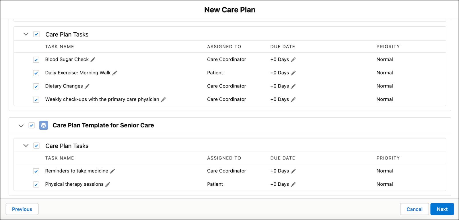 Table of care plan template tasks like a daily morning walk assigned to the patient and a blood sugar check assigned to the care coordinator.