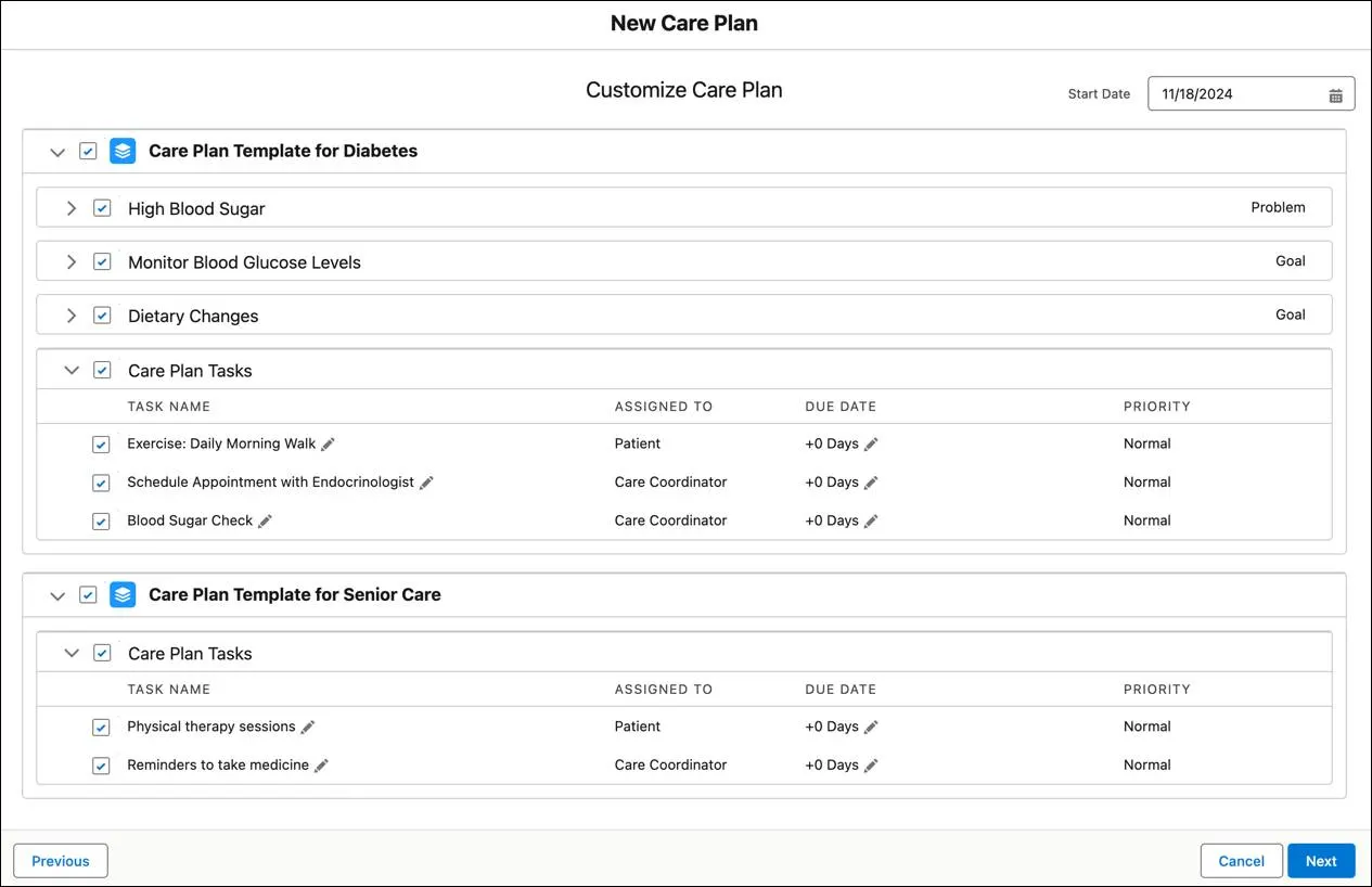 Table of care plan template tasks like a daily morning walk assigned to the patient and a blood sugar check assigned to the care coordinator.