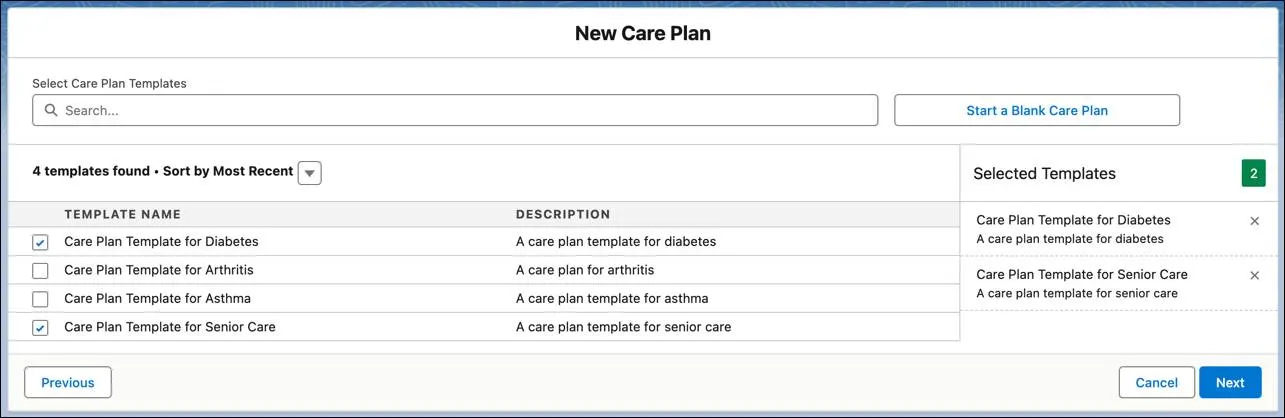 Image of New Care Plan tab with a list of template care plans.