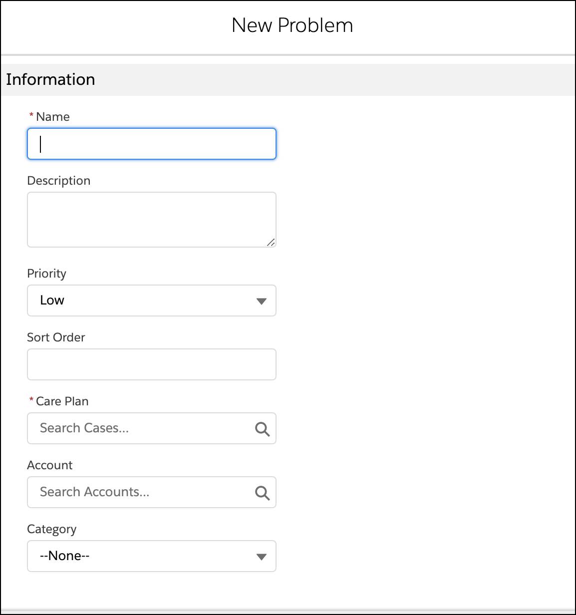 Dialog box with fields for a New Problem, including Description and Priority.