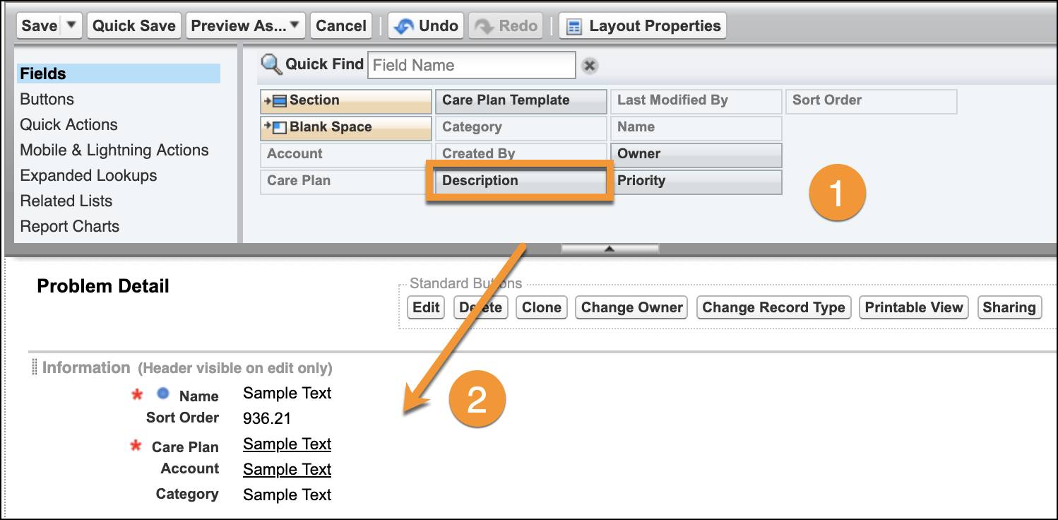 Page Layout for Problem object. Description and Priority under Fields in area 1 are to be dragged to Problem Detail in area 2.