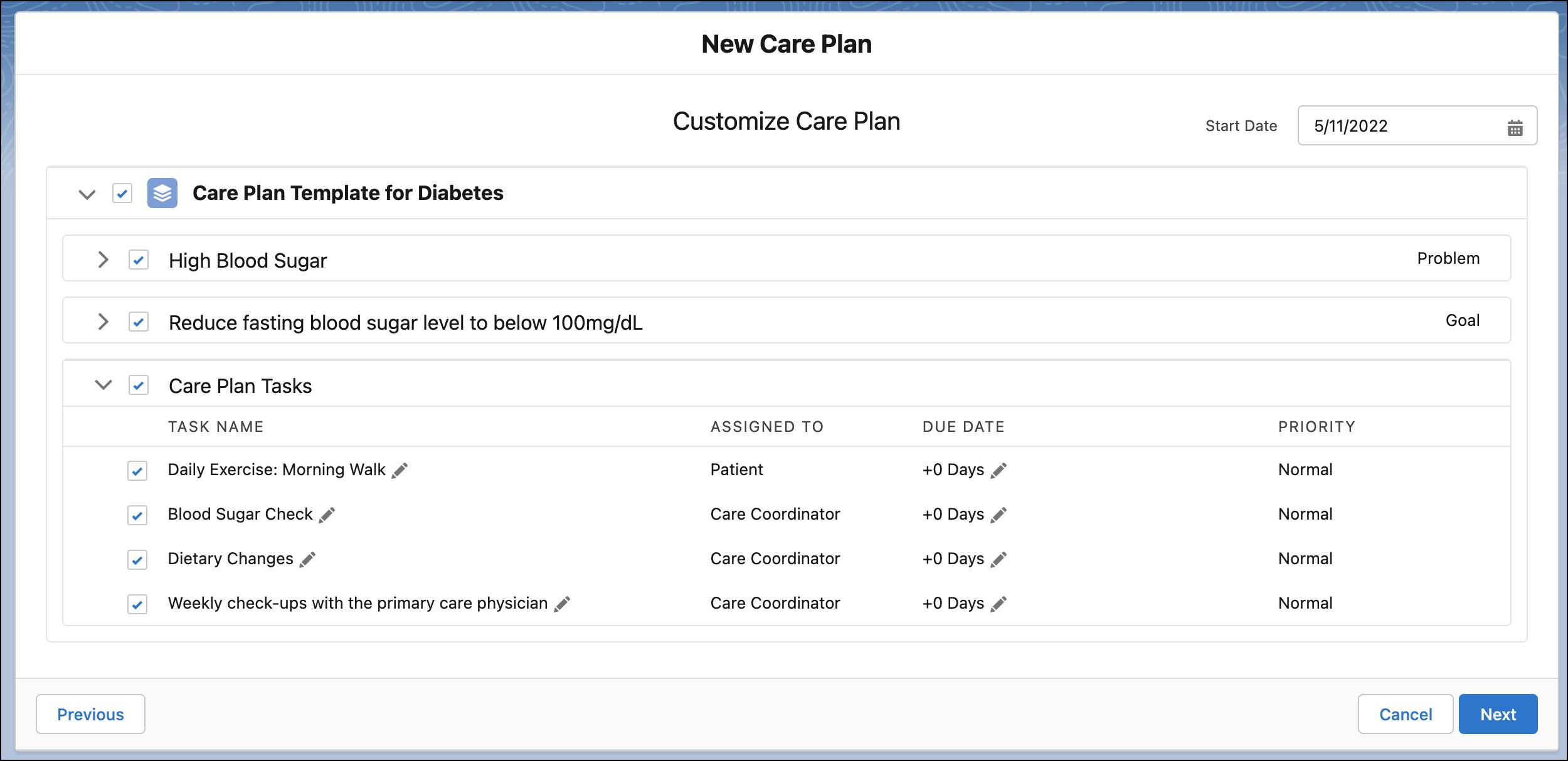 A care plan template for diabetes with problems, goals, and a list of tasks.