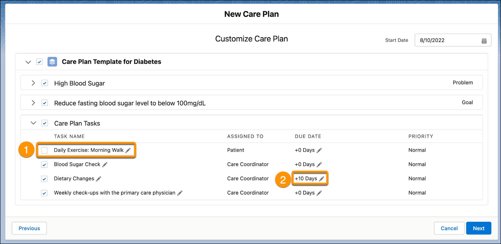 A care plan that has been customized by unselecting a task and adding a due date.