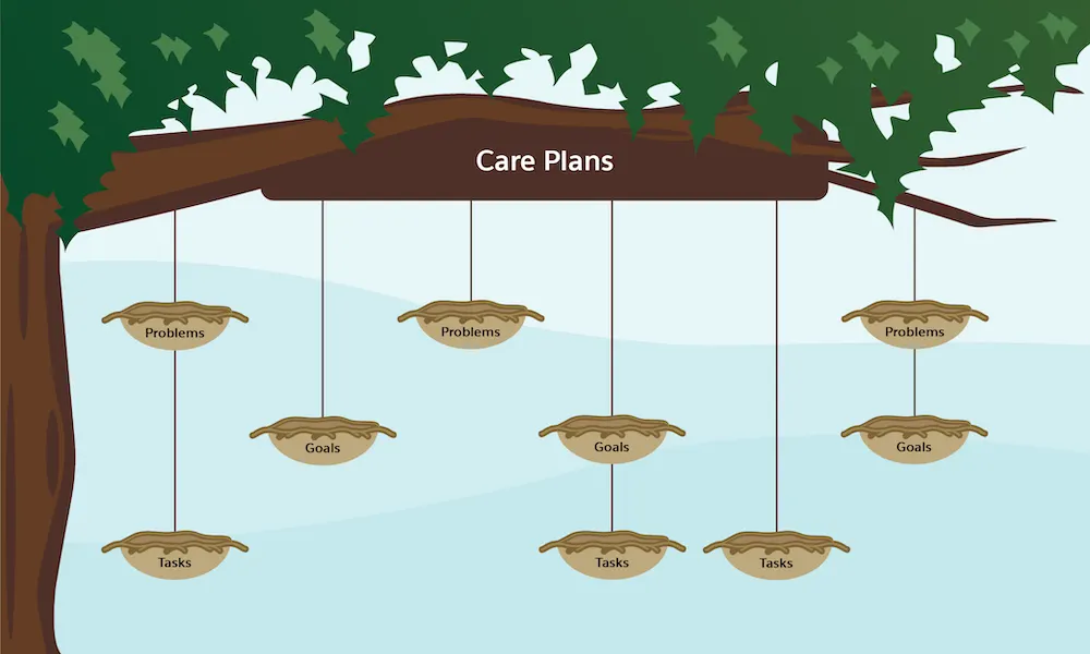 New alternate structures for care plans where tasks and goals can exist independent of problems. Individual nests representing tasks and goals hang from any branch in multiple combinations.