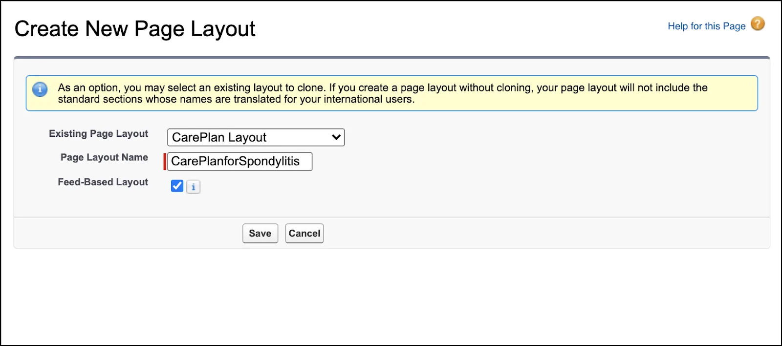 Creating a new page layout for a care plan record type for spondylitis.