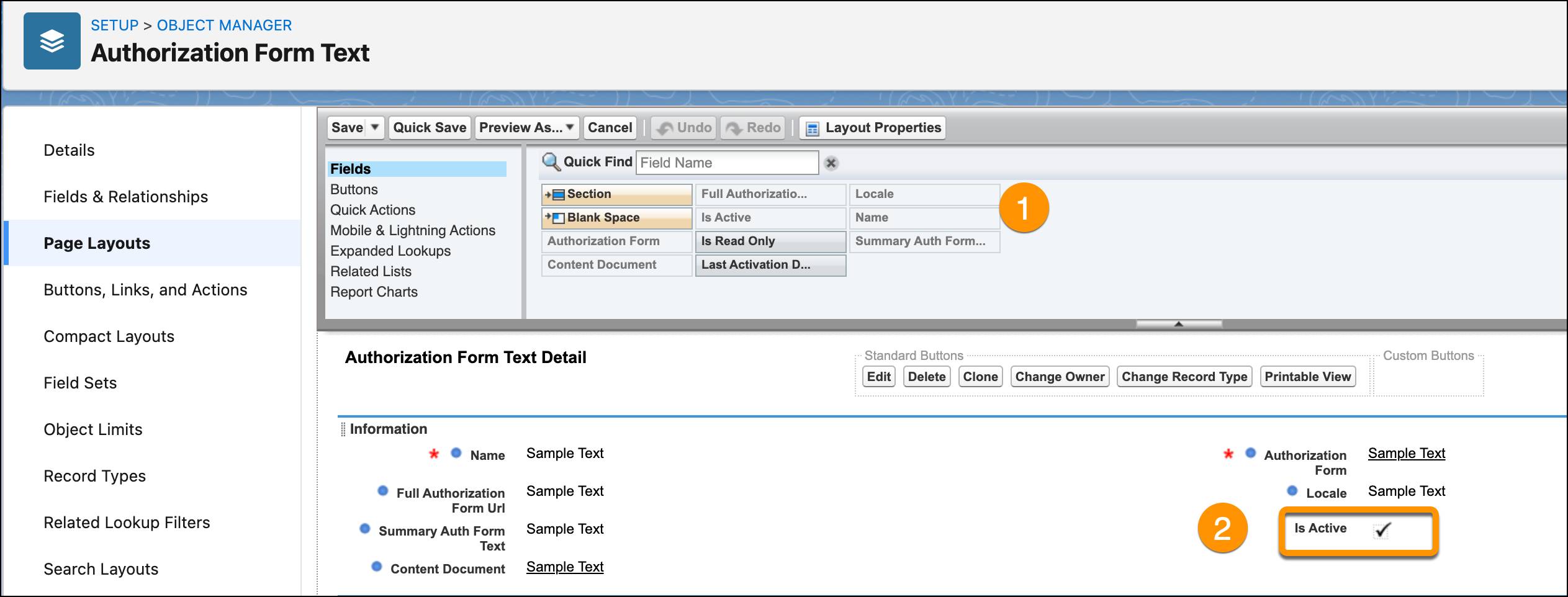 In Authorization Form Text Layout, the Is Active field is moved from the list of available fields to an editable part of the page.