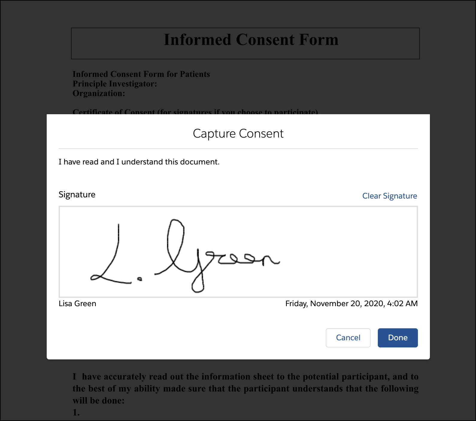 Signature entered following the preceding steps