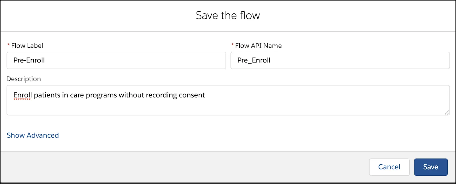 Saving the new flow corresponding to the preceding steps.