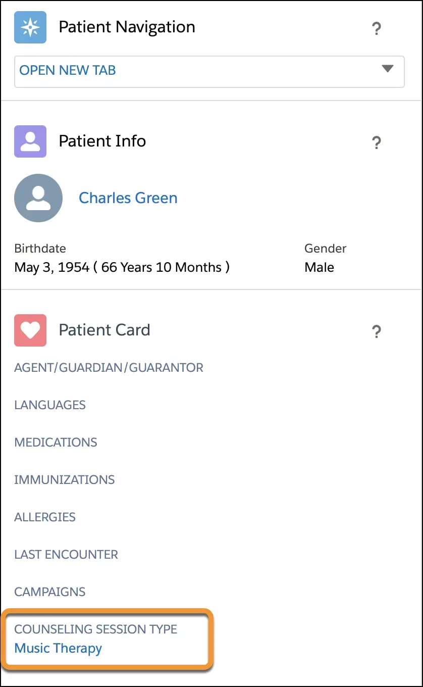 The patient card displays Counseling Session Type.