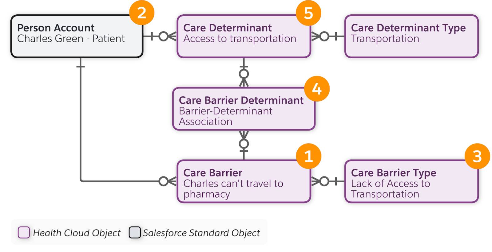 The Care Barrier object’s relationship to the Person Account, Care Barrier Type, and Care Barrier Determinant objects.