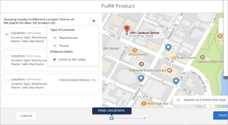 Life Sciences Cloud field inventory management fulfillment locations within 50 miles