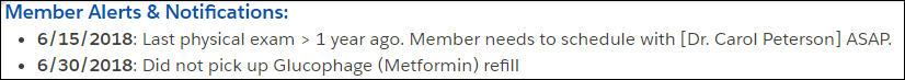 Charles Green member record. Member Alerts & Notifications is highlighted with a warning that Charles didn’t pick up Glucophage (Metformin) refill. A second warning indicates that he hasn’t had a physical examination in more than a year.