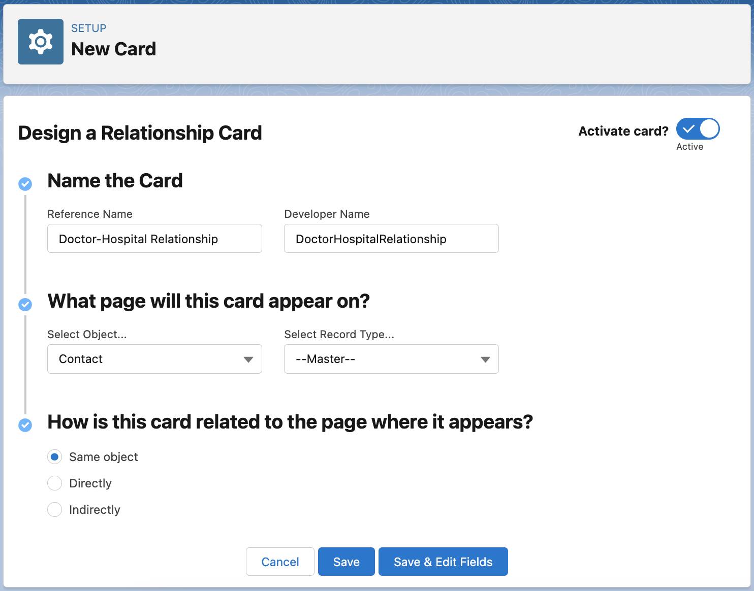 Design a Relationship Card page of the Relationship Cards setup wizard