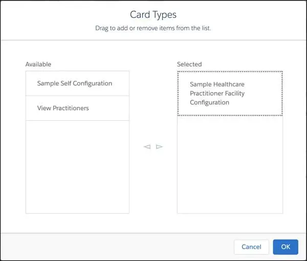 The Card Types screen showing the different card types in Available and Selected lists