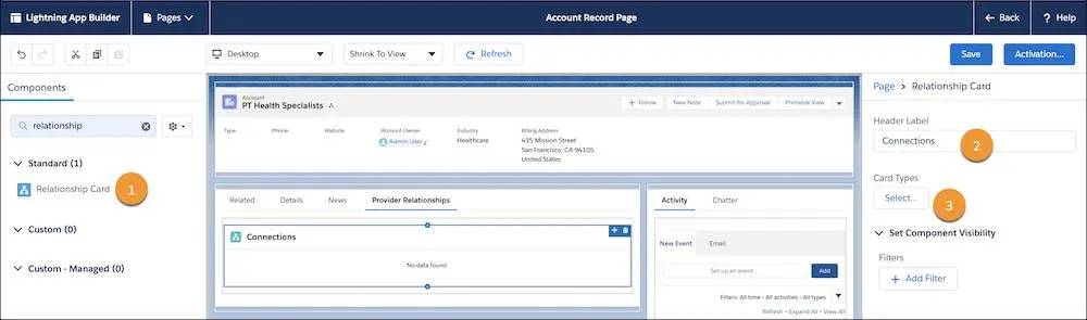 The Account Record Page showing the Relationship Card component, a sample custom header label, and the option you can click to select the card types.