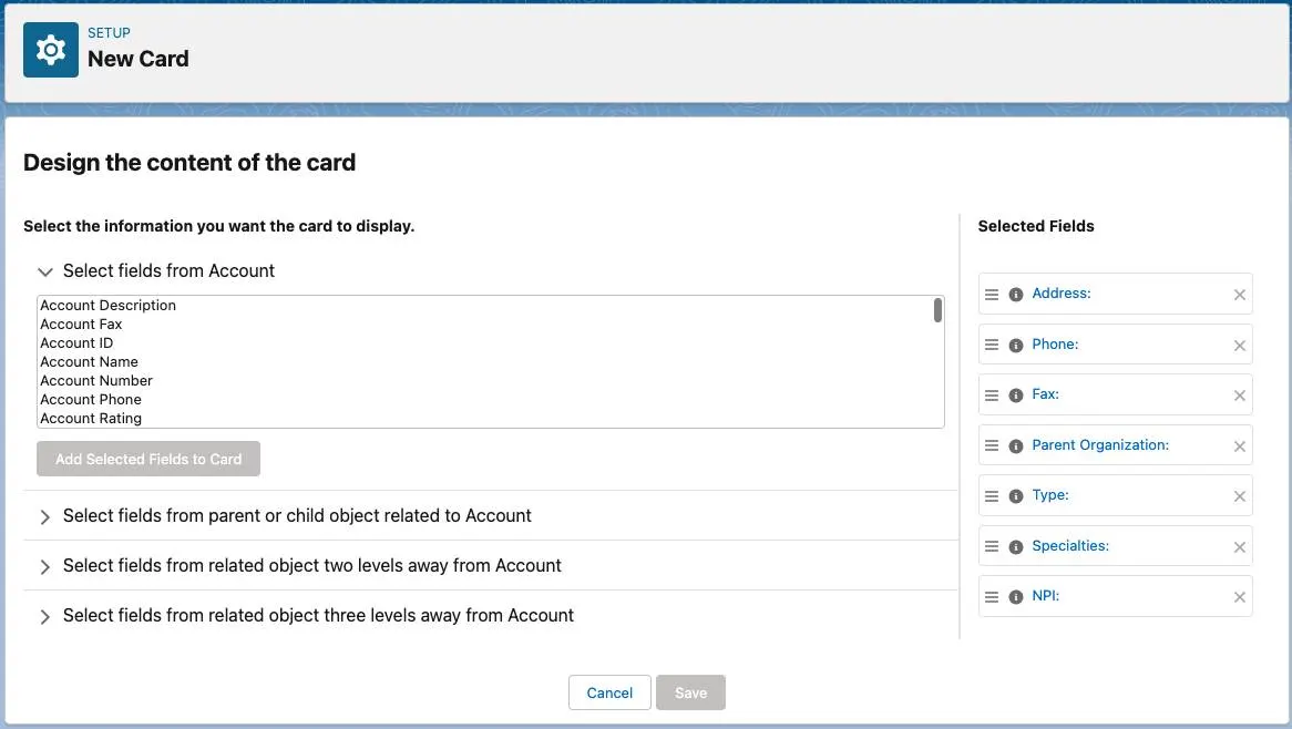 Design the content of the card page of the Relationship Cards setup wizard