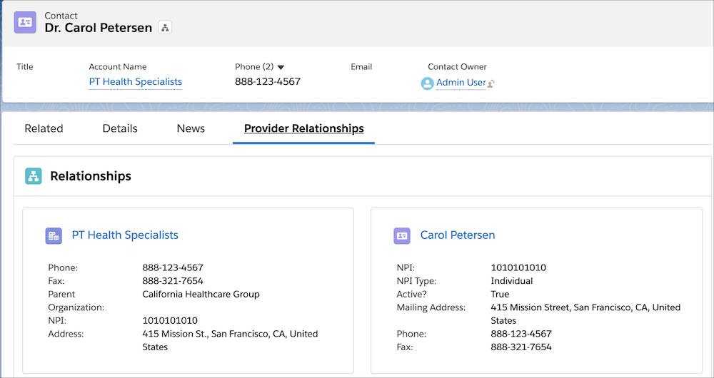 Image showing Carol Petersen’s affiliations as found on the Provider Relationships tab.