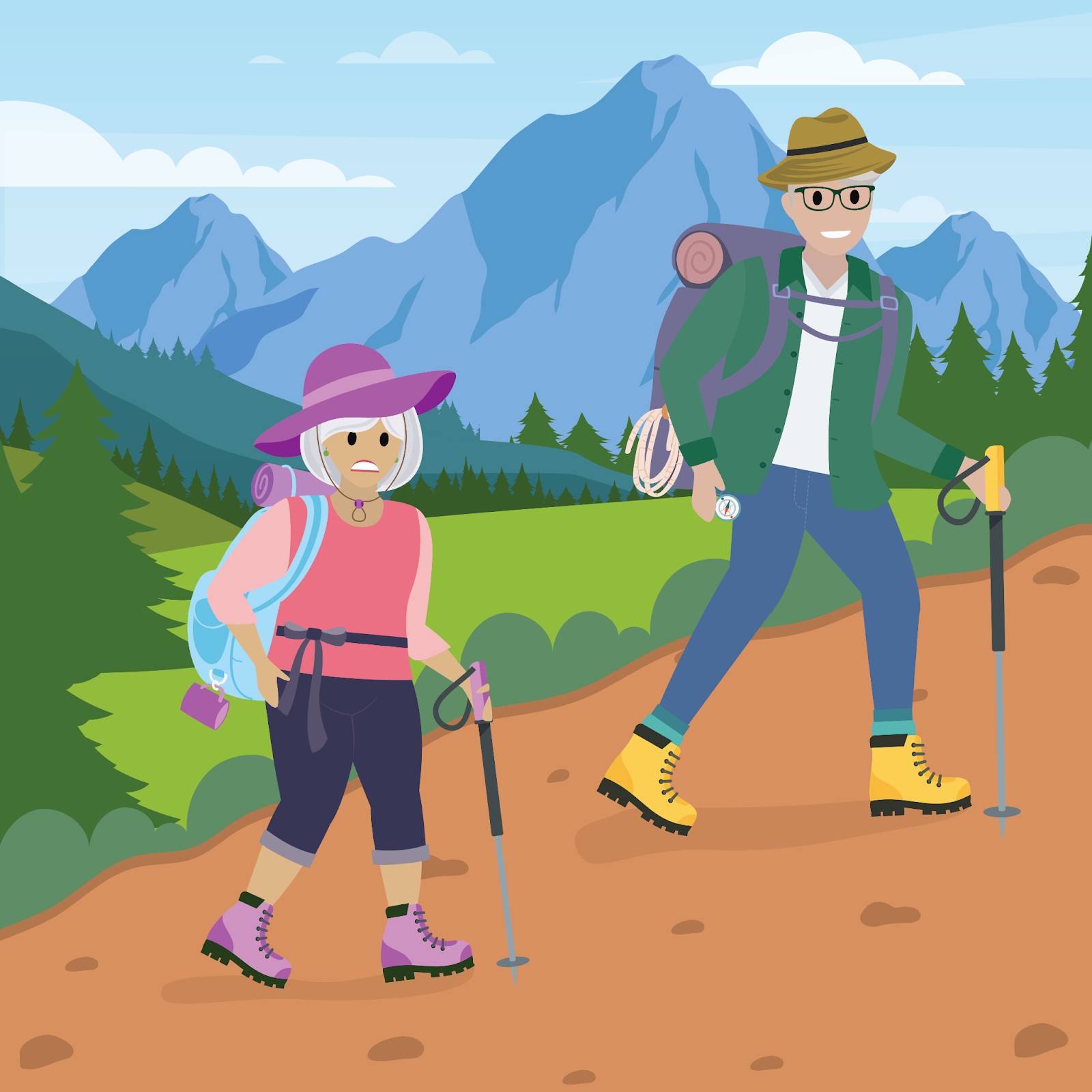 Illustration of Milly and her husband Charles hiking