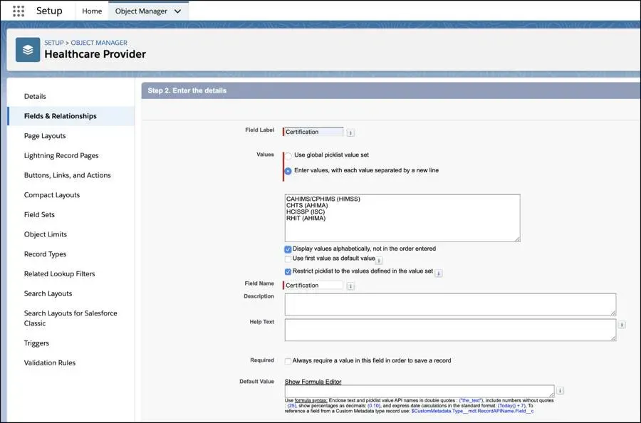 Healthcare Provider Field settings