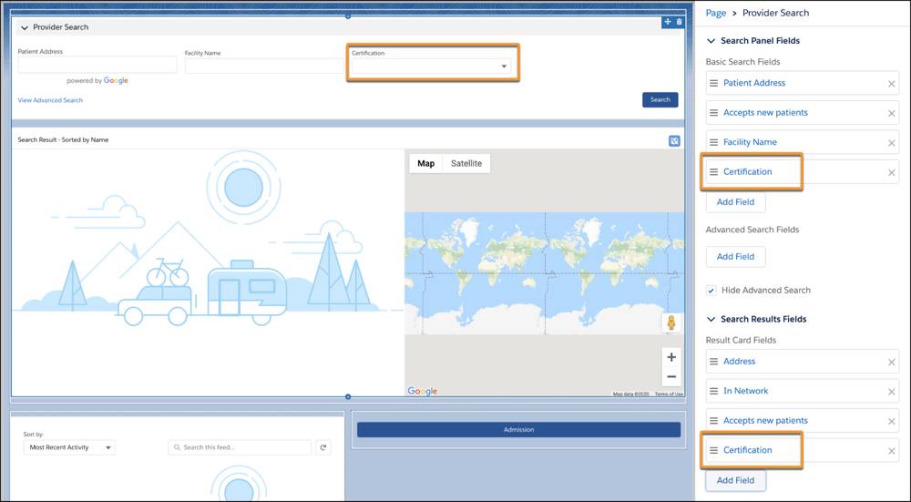 Image showing the newly added field in the Provider Search panel, the search panel fields list, and results fields list.