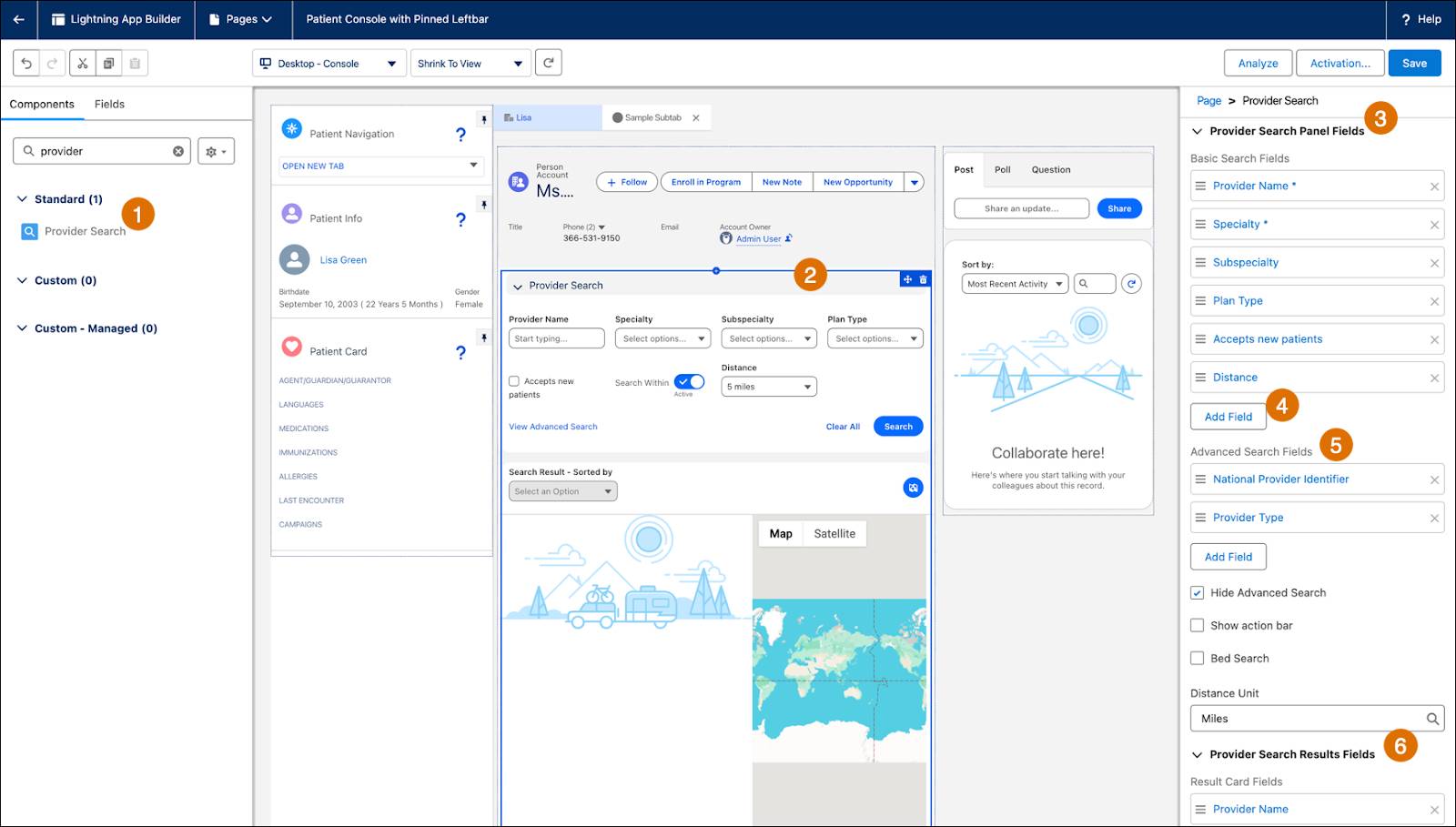 The Account Record Page showing the Provider Search component, the Provider Search panel, and the available search and results fields.