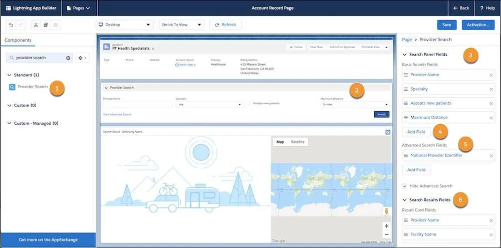 The Account Record Page showing the Provider Search component, the Provider Search panel, and the available search and results fields.