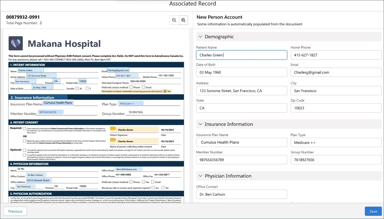 The new person account record populated with data extracted using Intelligent Form Reader.