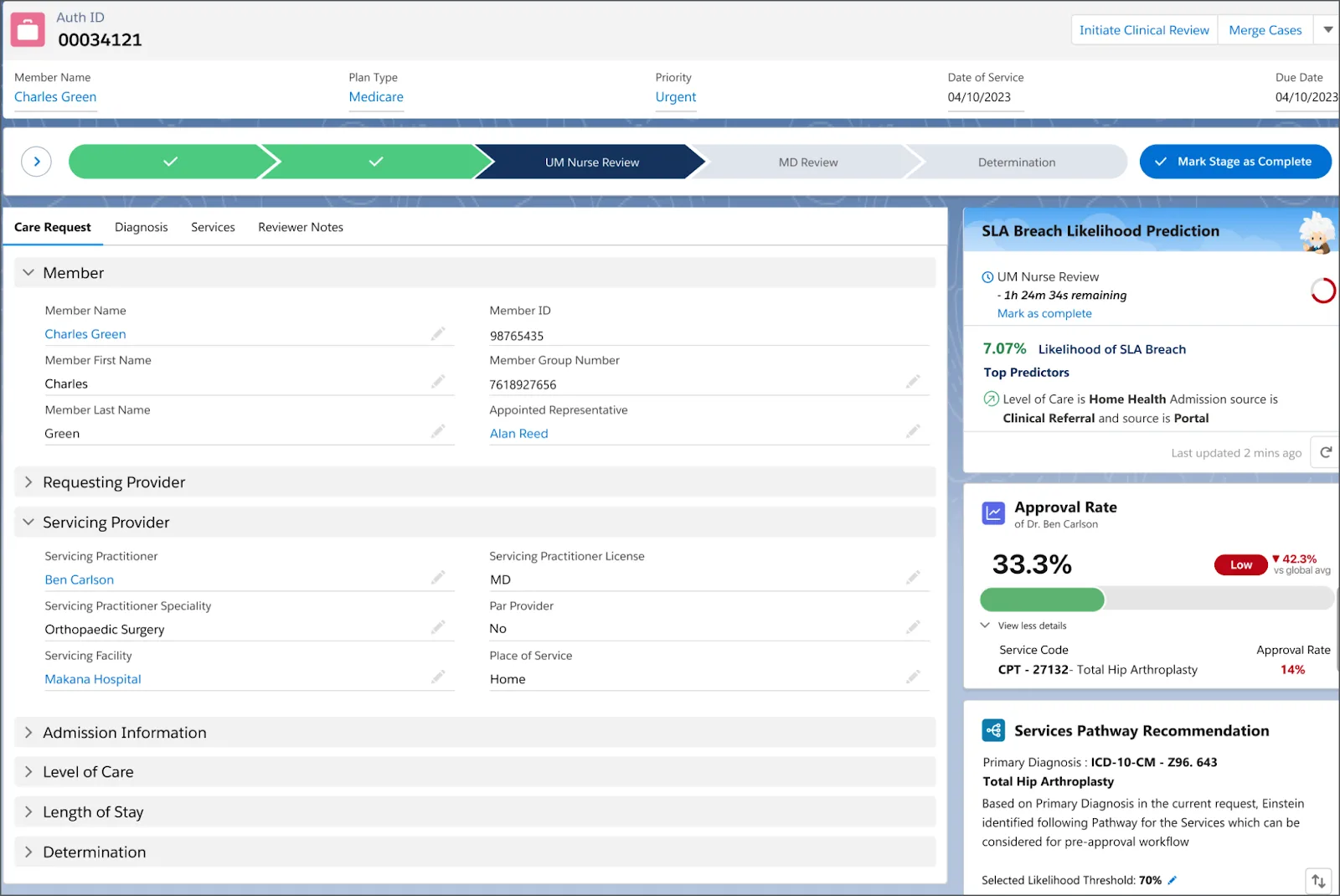 Case record with the current stage listed as UM Nurse Review.