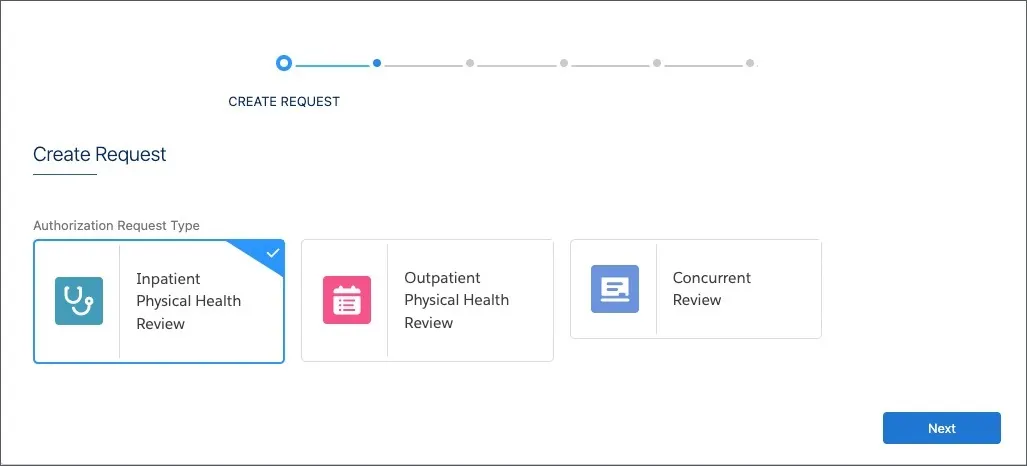 The Create Request step for PA workflow with Inpatient Physical Health Review selected.