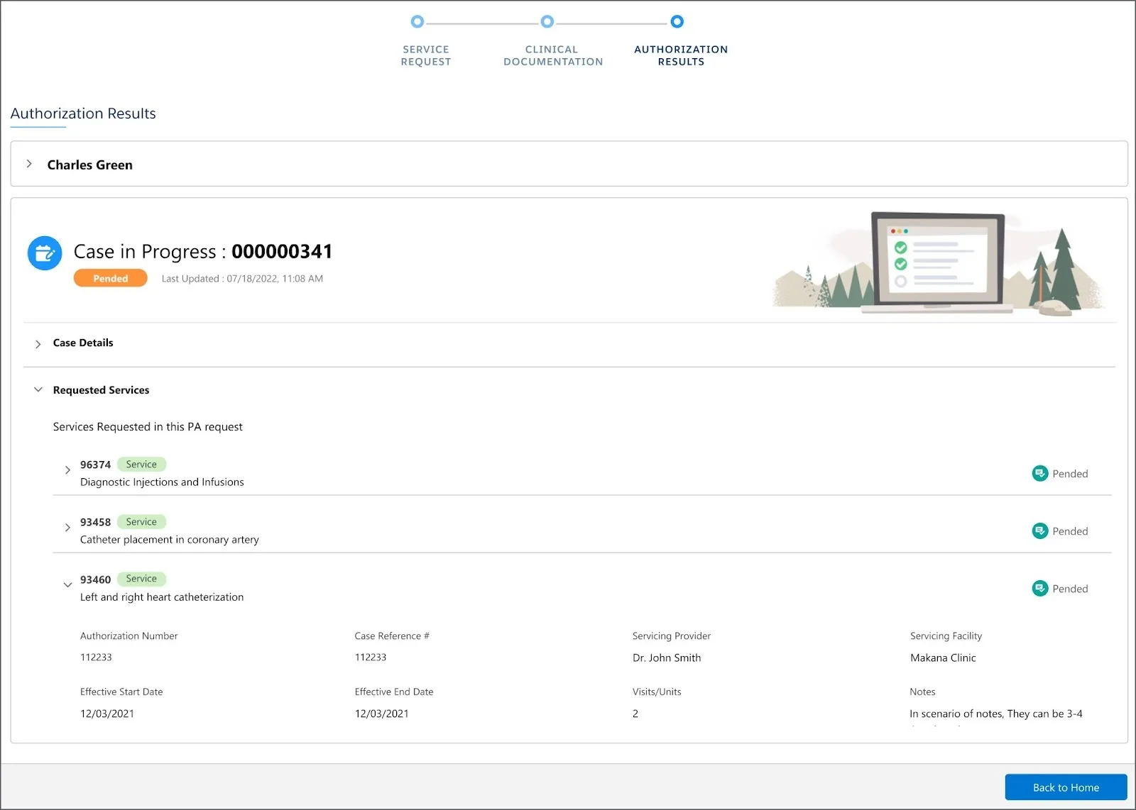 The authorization results step for a prior authorization guided flow.