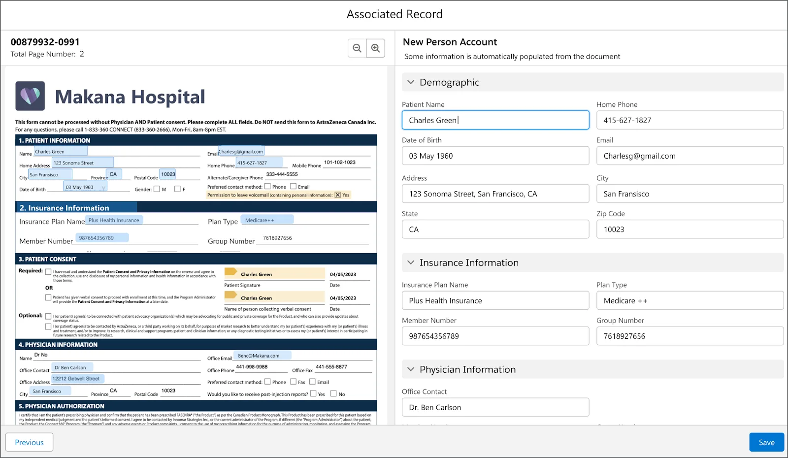 The new person account populated with data extracted from authorization form using Intelligent Form Reader.