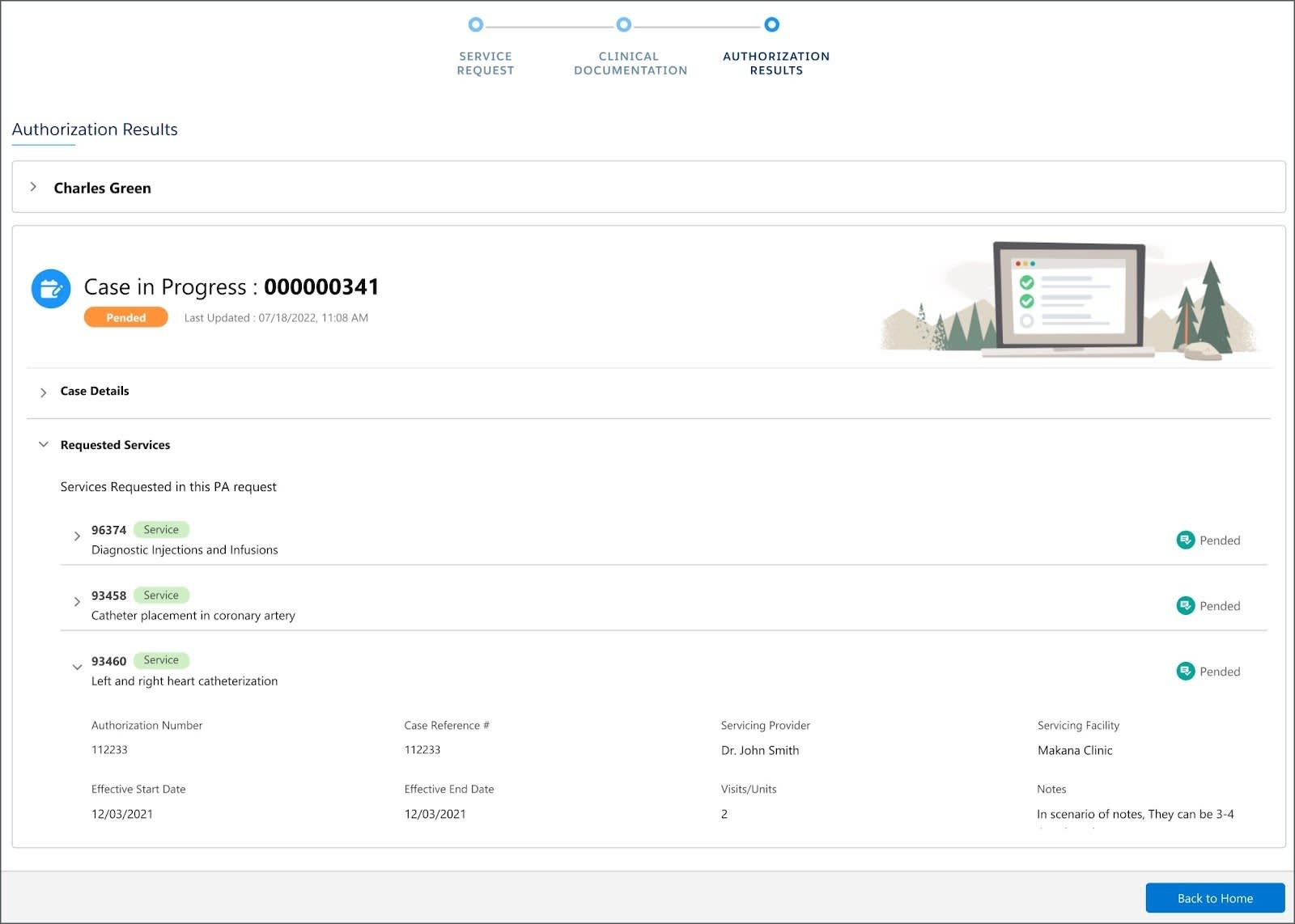 The authorization results step for a prior authorization guided flow.