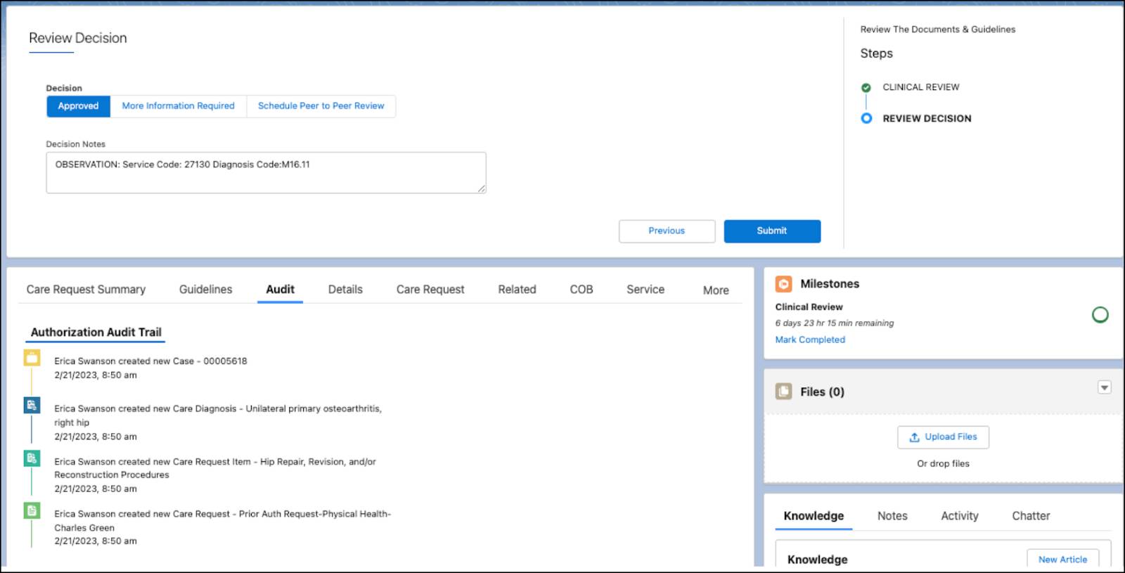 The medical director review workflow embedded directly in the case record.