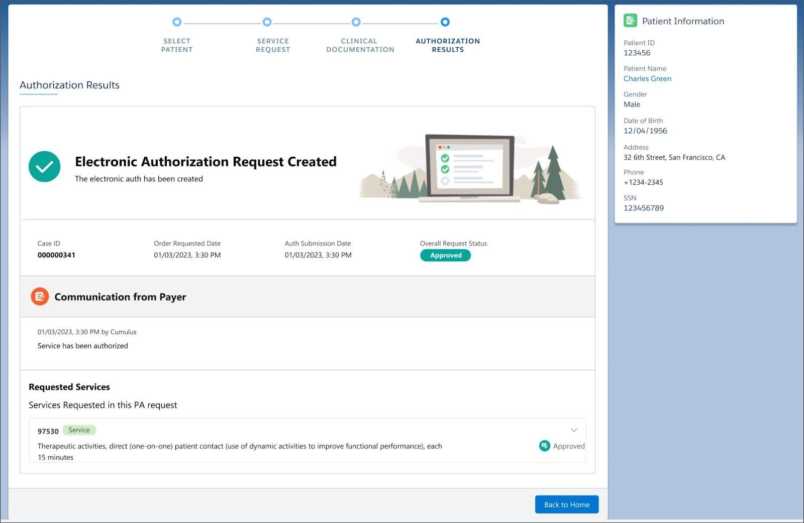 Electronic authorization request created and approved for Charles Green.